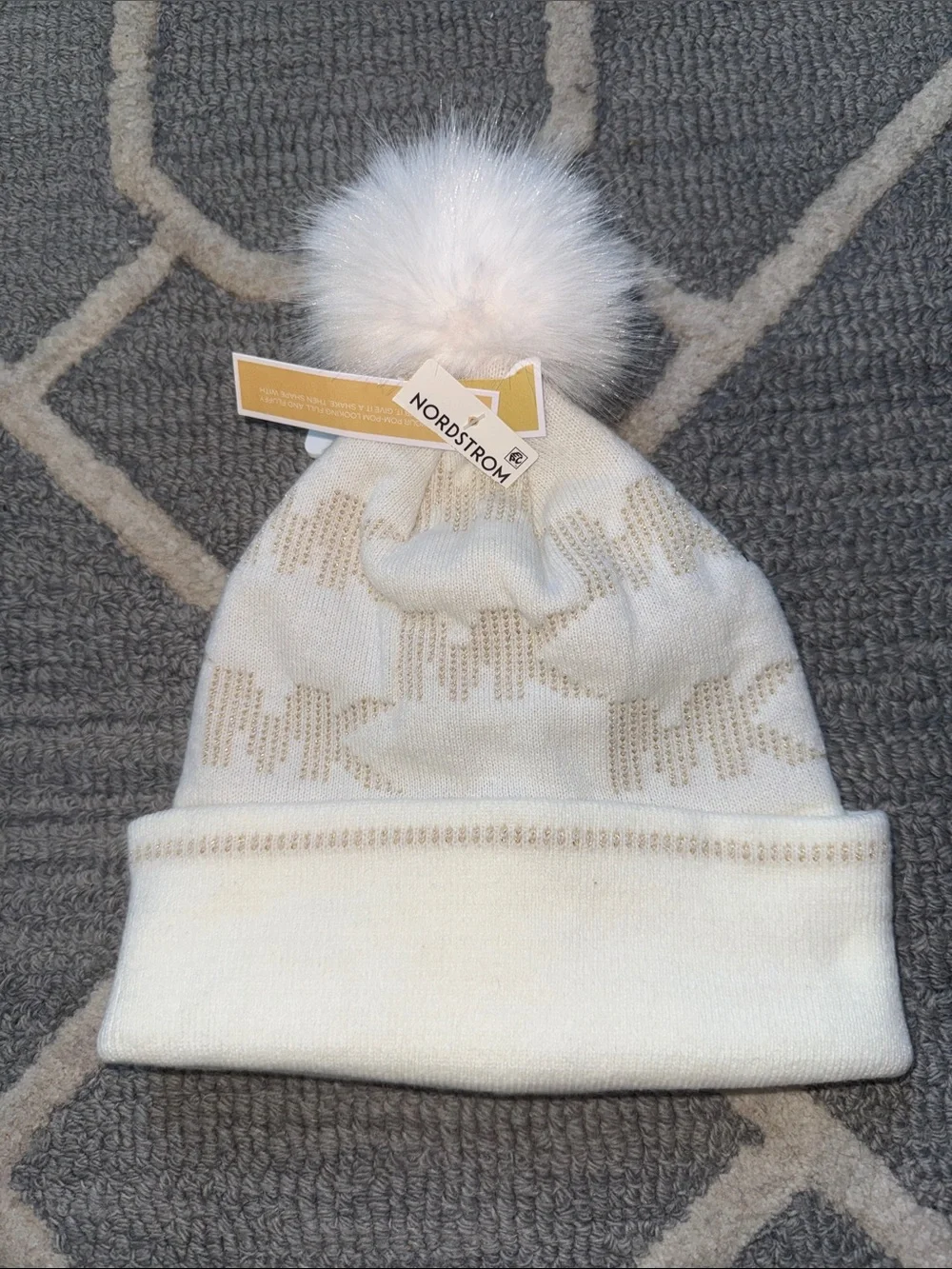 Michael Kors Diamond Cable Pom Beanie Cream Gold NWT